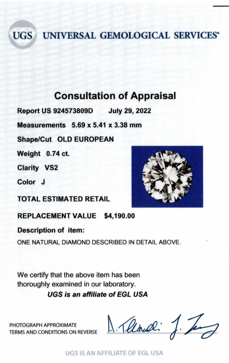 0.74ct CERTIFIED J VS2 OLD EUROPEAN CUT DIAMOND LOOSE VINTAGE NATURAL 3/4 CARAT