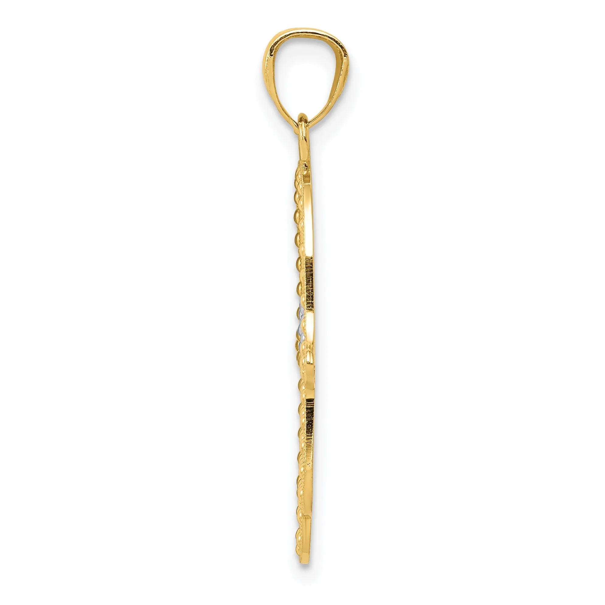 14K Yellow Gold Rhodium Polished Texture Finish Solid Hamsa Pendant