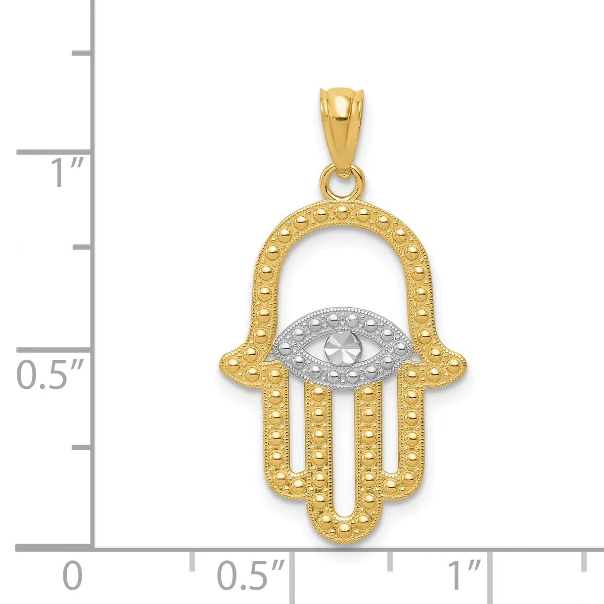 14K Yellow Gold Rhodium Polished Texture Finish Solid Hamsa Pendant