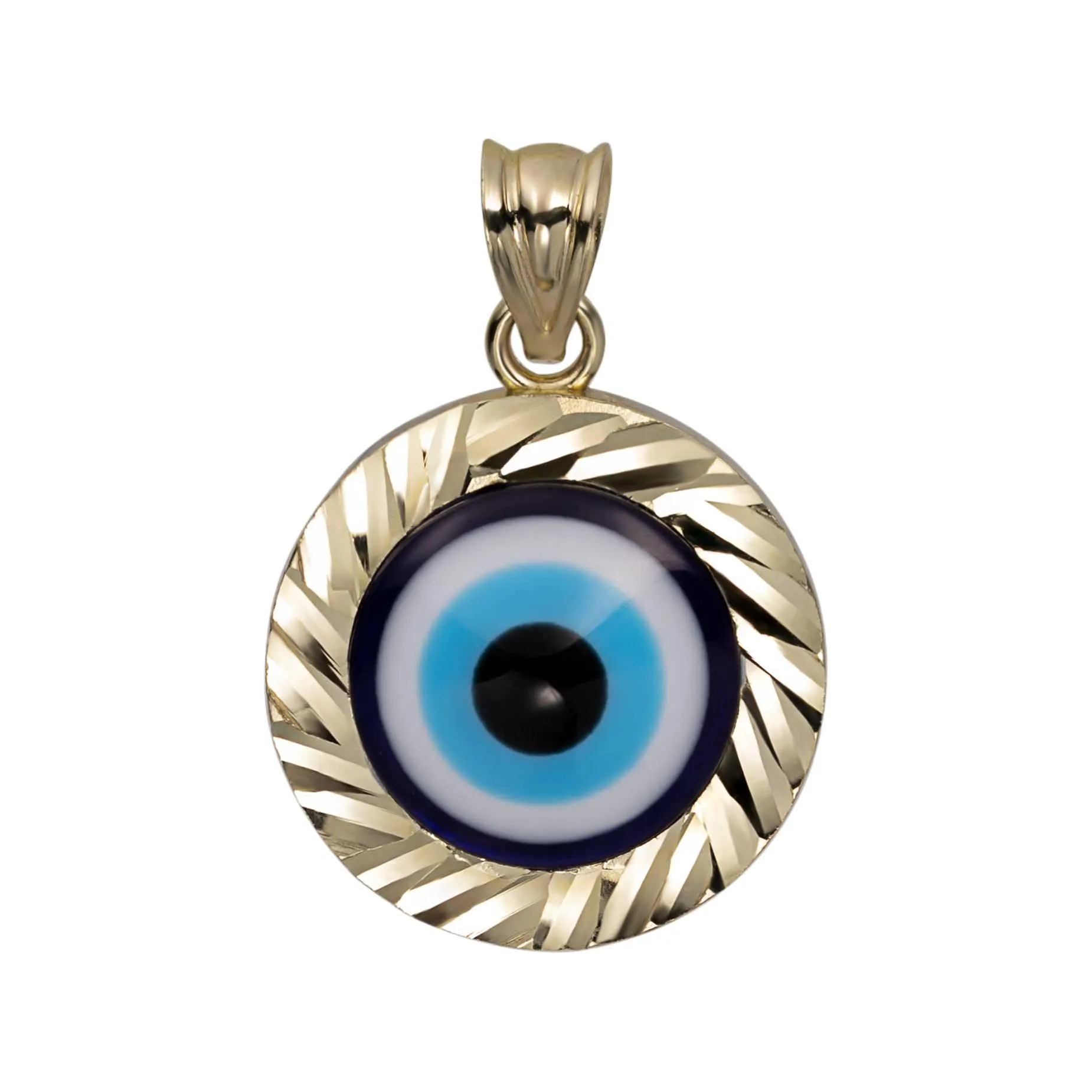 1" Diamond-Cut Round Evil Eye Pendant Solid 10K Yellow Gold