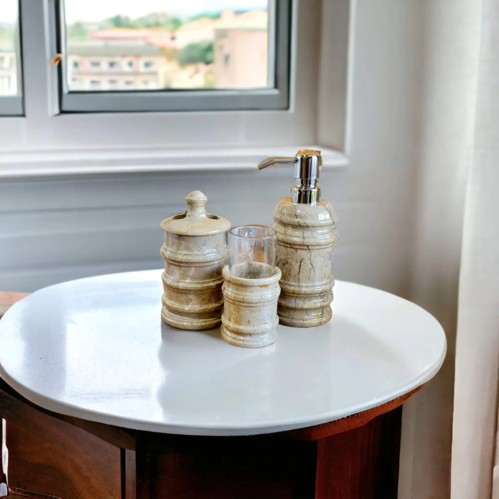 3 Piece Bathroom Accessory  Set of Sahara Beige Marble
