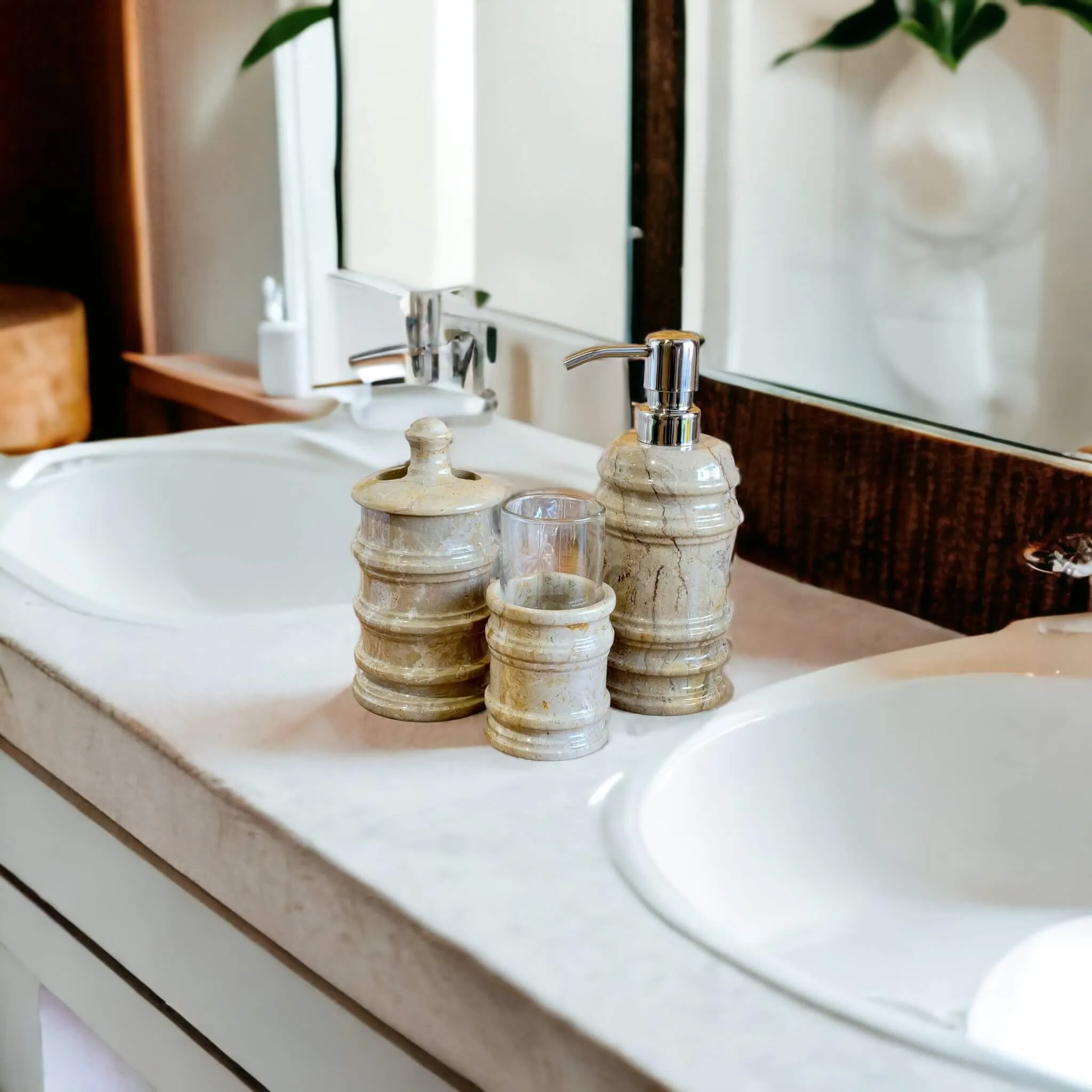 3 Piece Bathroom Accessory  Set of Sahara Beige Marble