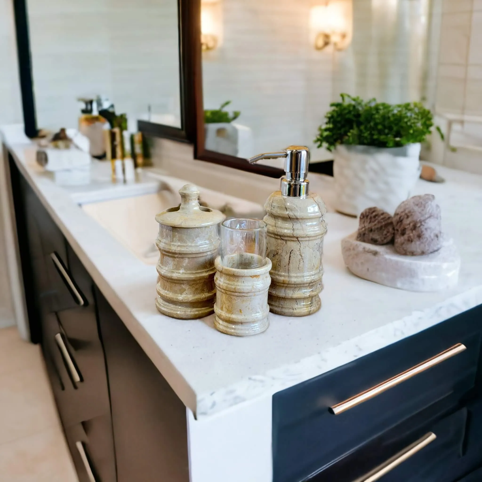 3 Piece Bathroom Accessory  Set of Sahara Beige Marble