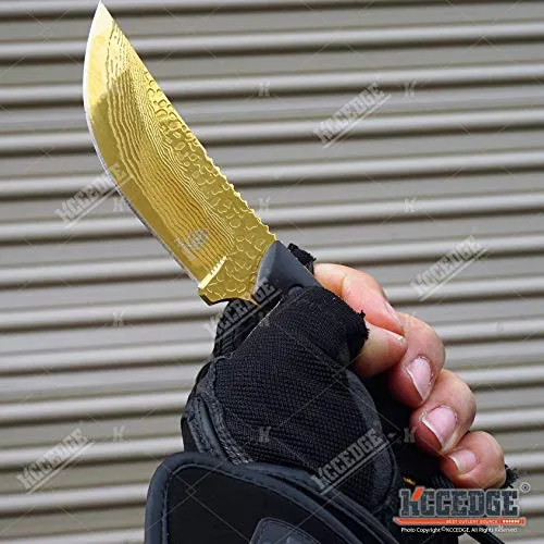 7.5" Tactical Knife Survival Knife Hunting Knife FULL TANG Fixed Blade Knife Etched Damascus Razor Sharp Edge Camping Accessories Camping Gear Survival Kit Survival Gear Tactical Gear 51565 (Gold)