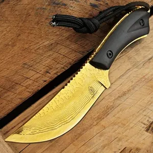 7.5" Tactical Knife Survival Knife Hunting Knife FULL TANG Fixed Blade Knife Etched Damascus Razor Sharp Edge Camping Accessories Camping Gear Survival Kit Survival Gear Tactical Gear 51565 (Gold)