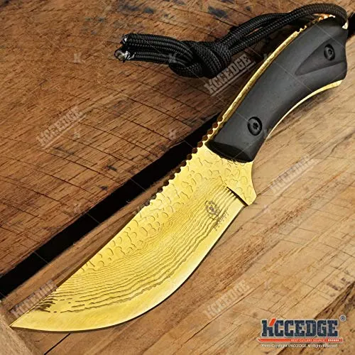 7.5" Tactical Knife Survival Knife Hunting Knife FULL TANG Fixed Blade Knife Etched Damascus Razor Sharp Edge Camping Accessories Camping Gear Survival Kit Survival Gear Tactical Gear 51565 (Gold)