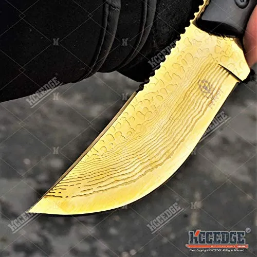 7.5" Tactical Knife Survival Knife Hunting Knife FULL TANG Fixed Blade Knife Etched Damascus Razor Sharp Edge Camping Accessories Camping Gear Survival Kit Survival Gear Tactical Gear 51565 (Gold)