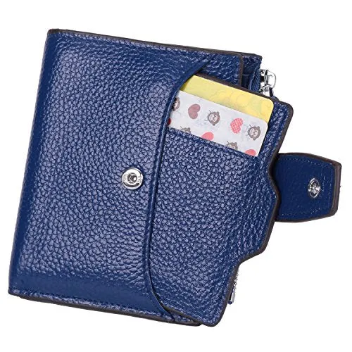 AINIMOER Women's RFID Blocking Leather Small Compact Bi-fold Zipper Pocket Wallet Card Case Purse (Lichee Blue)