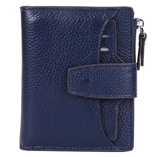 AINIMOER Women's RFID Blocking Leather Small Compact Bi-fold Zipper Pocket Wallet Card Case Purse (Lichee Navy Blue)