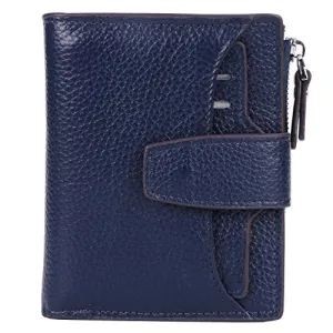 AINIMOER Women's RFID Blocking Leather Small Compact Bi-fold Zipper Pocket Wallet Card Case Purse (Lichee Navy Blue)