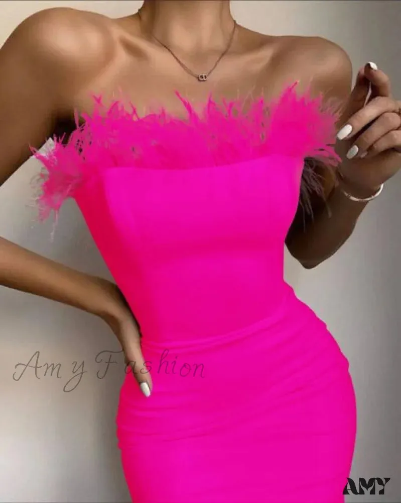 Amy Fashion - Sexy Strapless Backless Feather Black Midi Dress