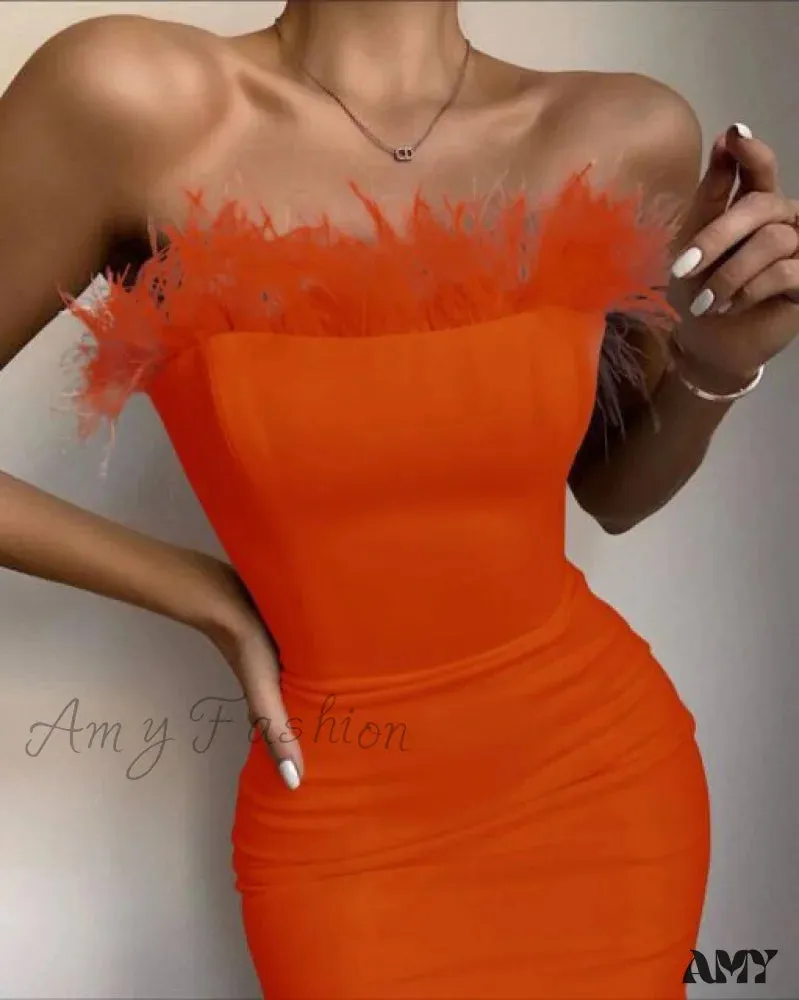 Amy Fashion - Sexy Strapless Backless Feather Black Midi Dress
