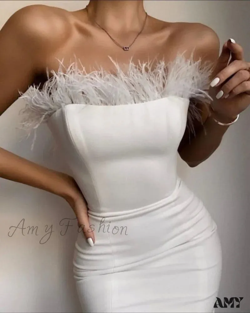 Amy Fashion - Sexy Strapless Backless Feather Black Midi Dress