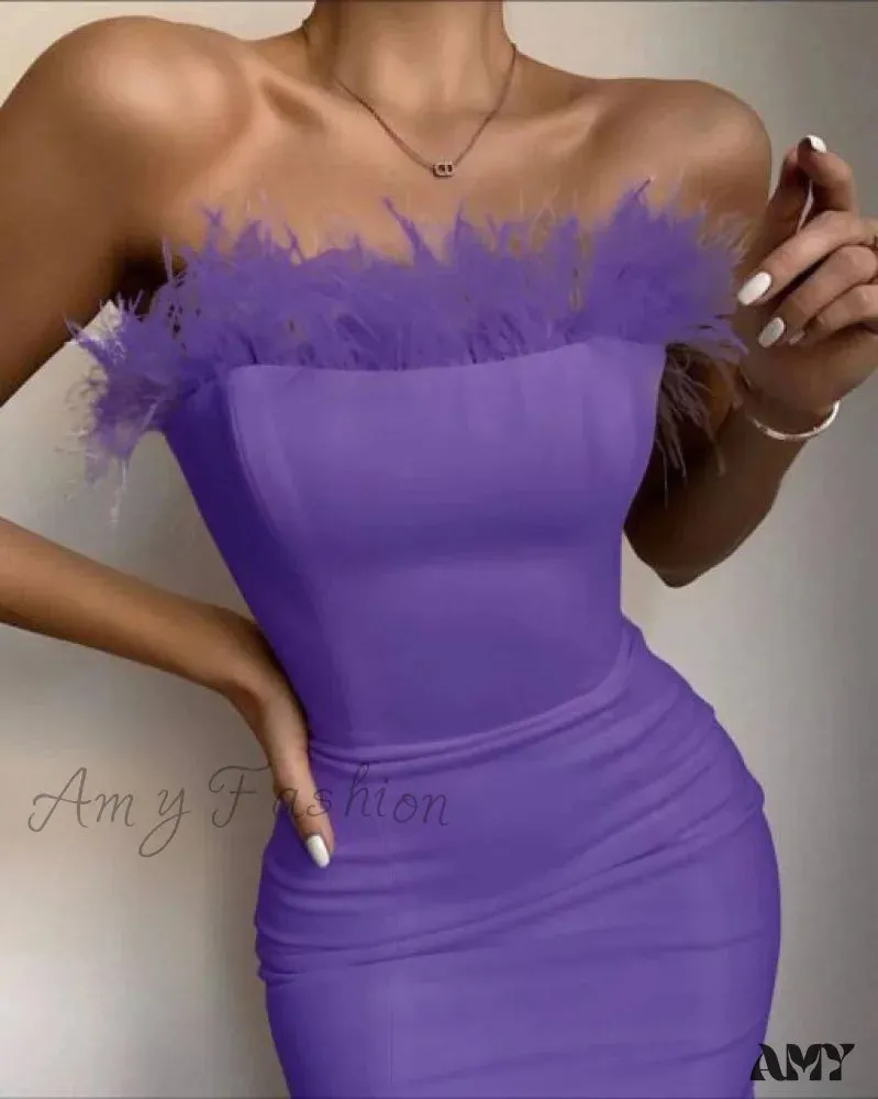 Amy Fashion - Sexy Strapless Backless Feather Black Midi Dress