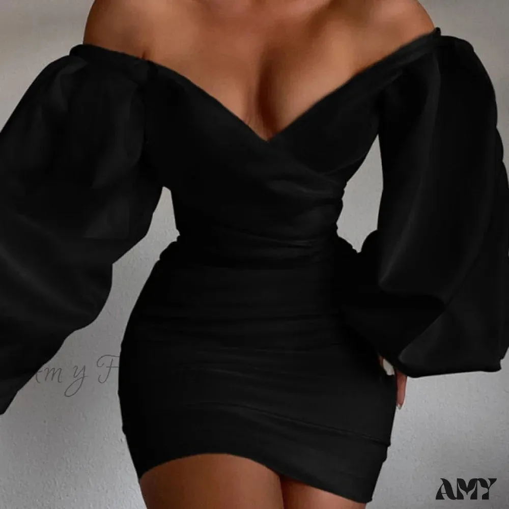 Amy Fashion - White Off Shoulder Puff Long Sleeve Satin Dress