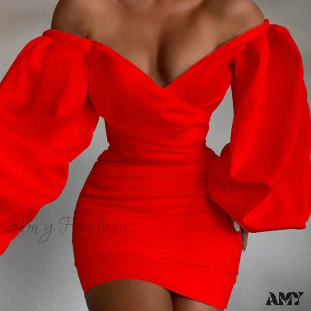 Amy Fashion - White Off Shoulder Puff Long Sleeve Satin Dress