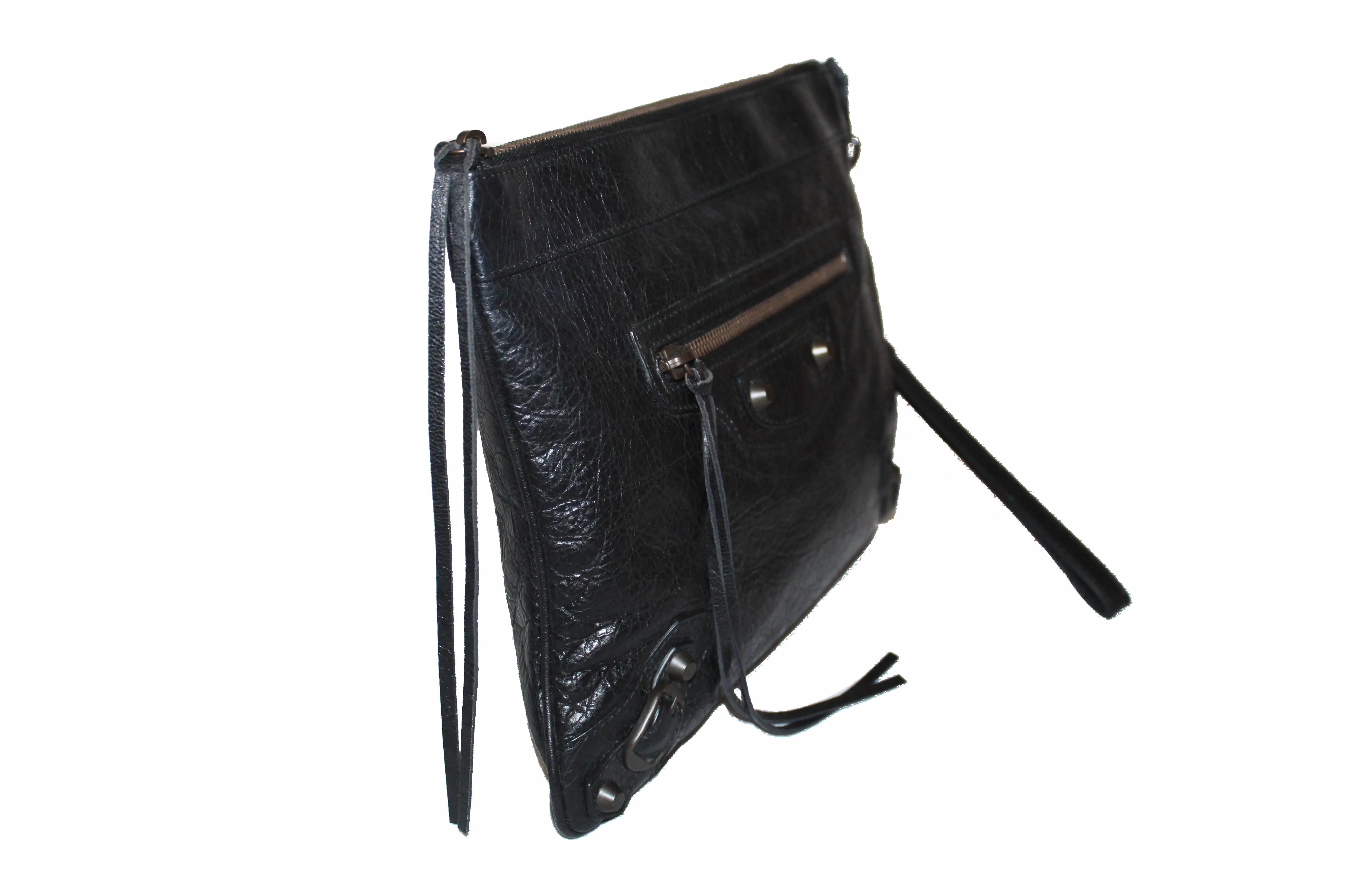 Authentic Balenciaga Black Agneau Leather Classic Motorcycle Clutch Bag 292955