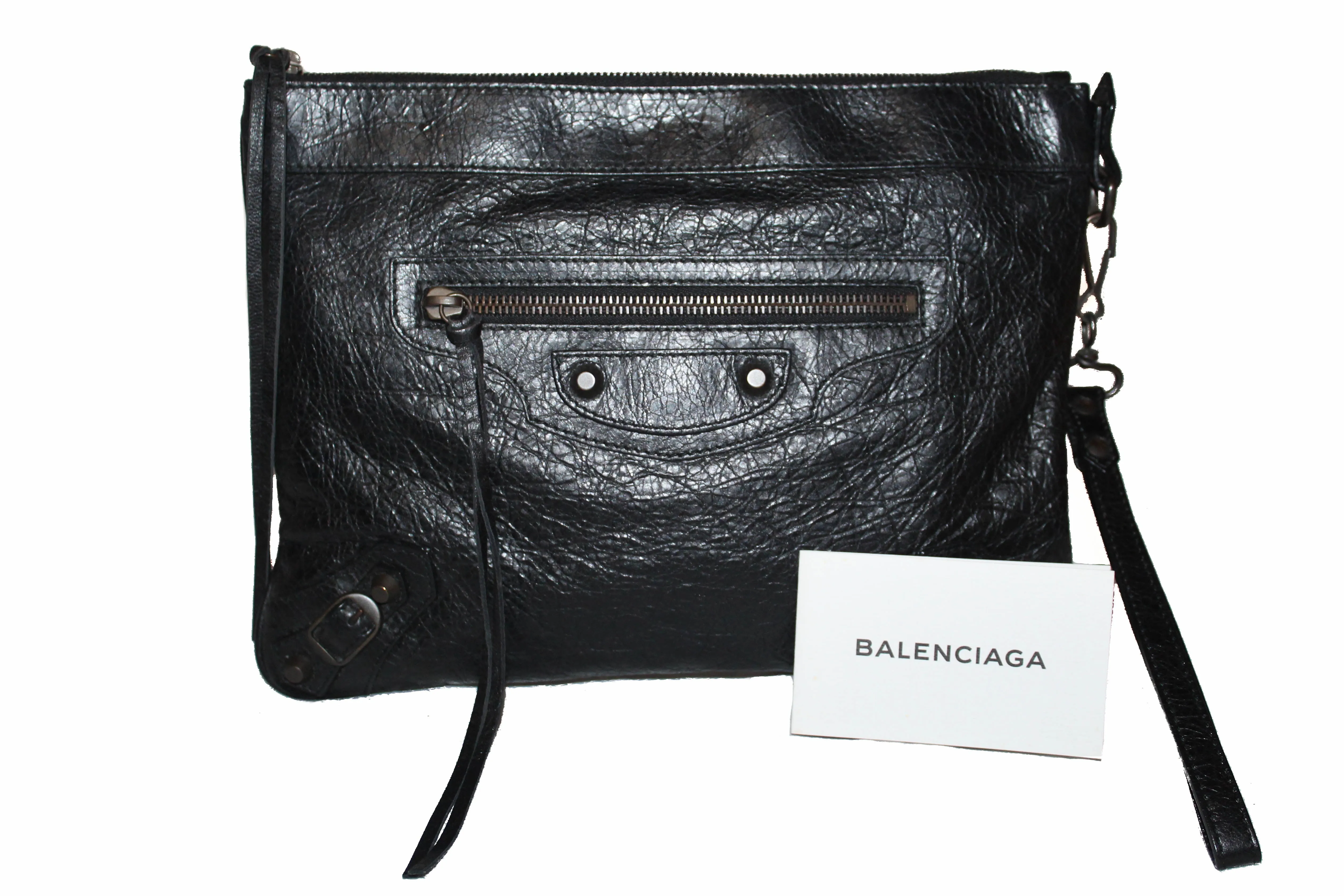 Authentic Balenciaga Black Agneau Leather Classic Motorcycle Clutch Bag 292955