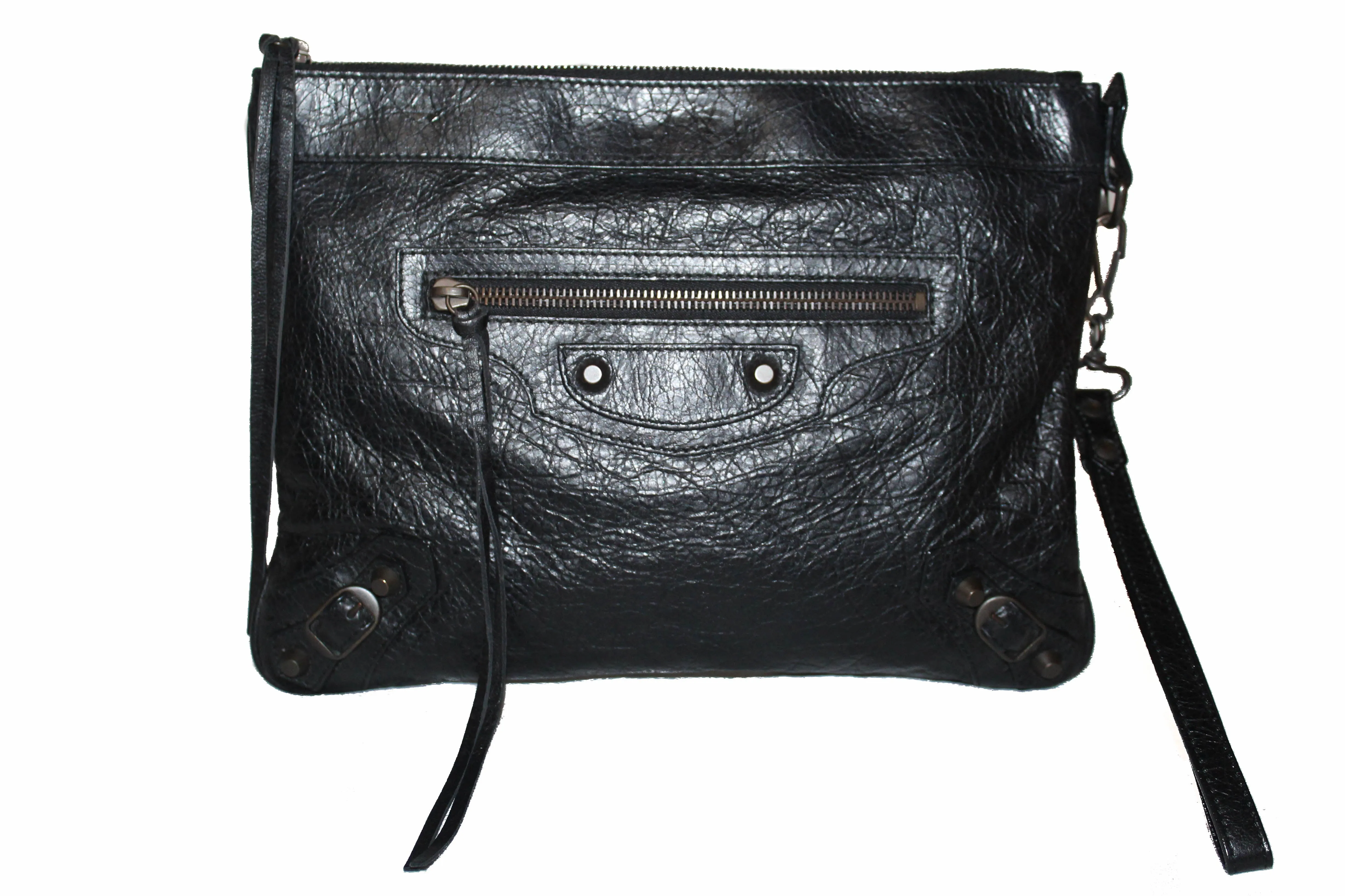 Authentic Balenciaga Black Agneau Leather Classic Motorcycle Clutch Bag 292955