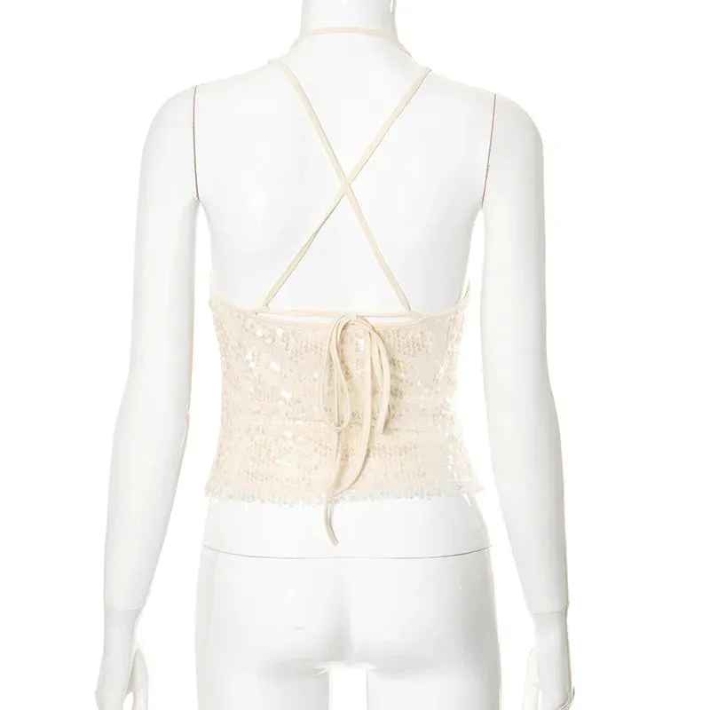 Beige Sequin Stylish Tank Top