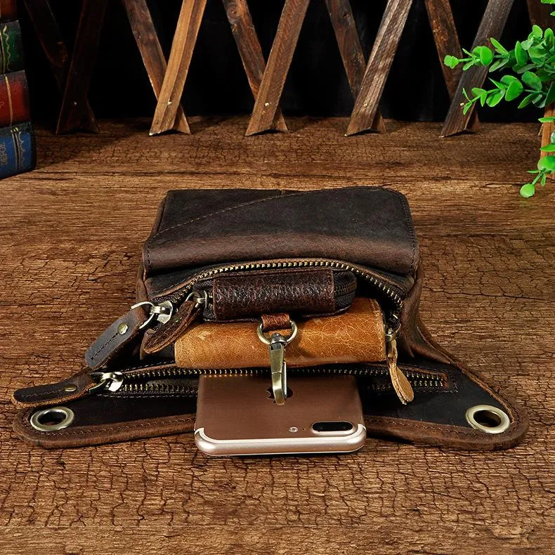 Biker Thigh Bag for Men Brown Leather Waist Drop Leg Thigh Bag Outdoor Motorcycle Thigh Bag