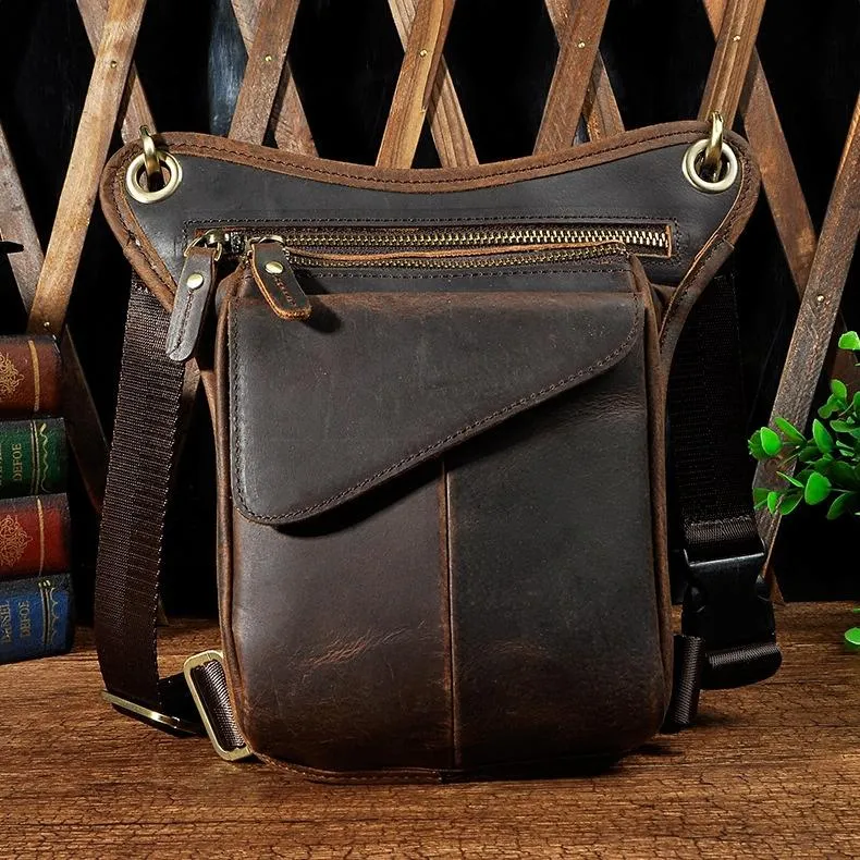 Biker Thigh Bag for Men Brown Leather Waist Drop Leg Thigh Bag Outdoor Motorcycle Thigh Bag