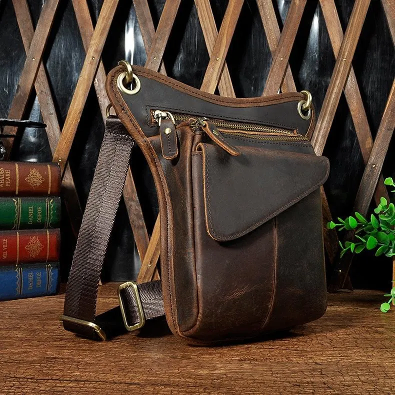 Biker Thigh Bag for Men Brown Leather Waist Drop Leg Thigh Bag Outdoor Motorcycle Thigh Bag