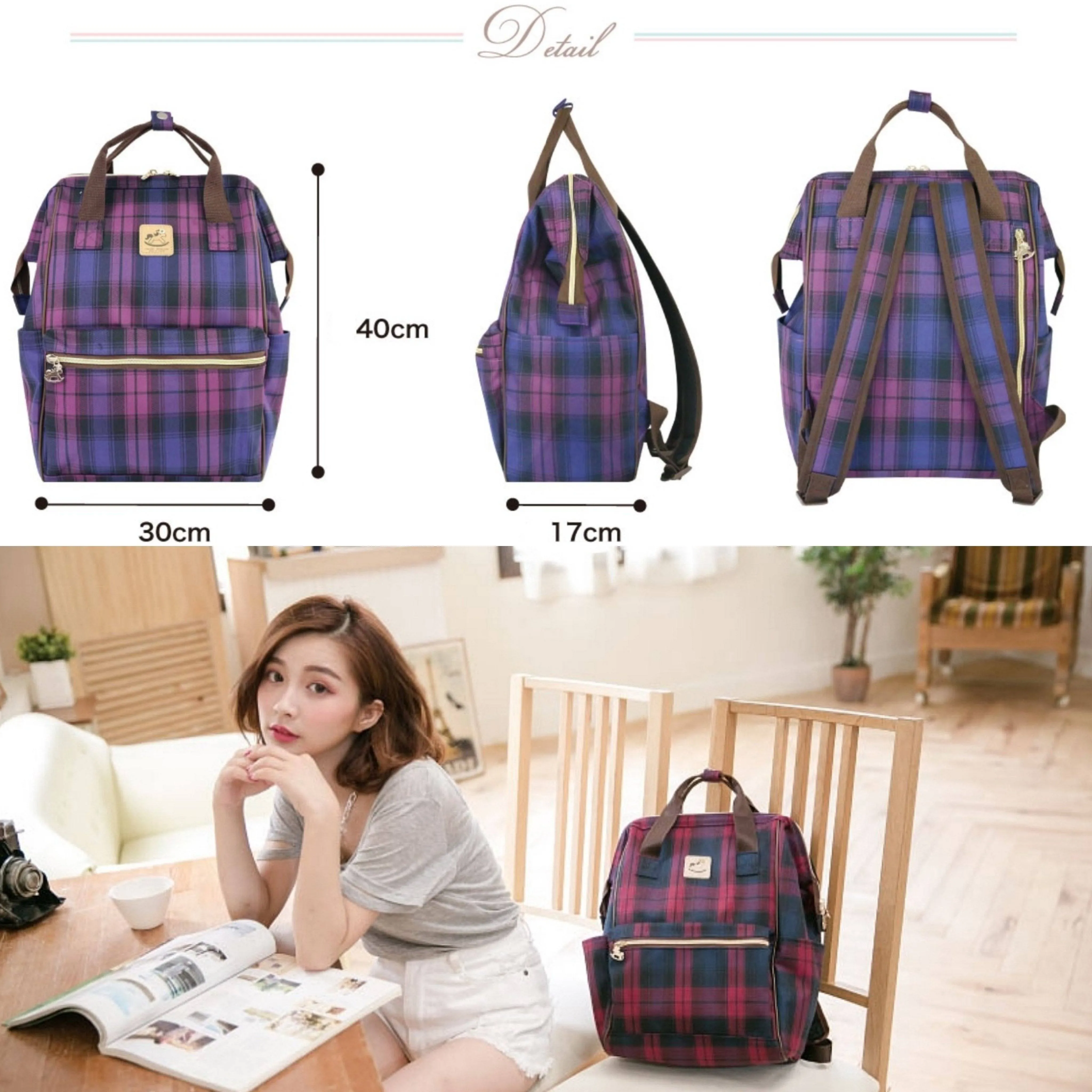 Black & Gray Tartan Plaid Large Opening Backpack