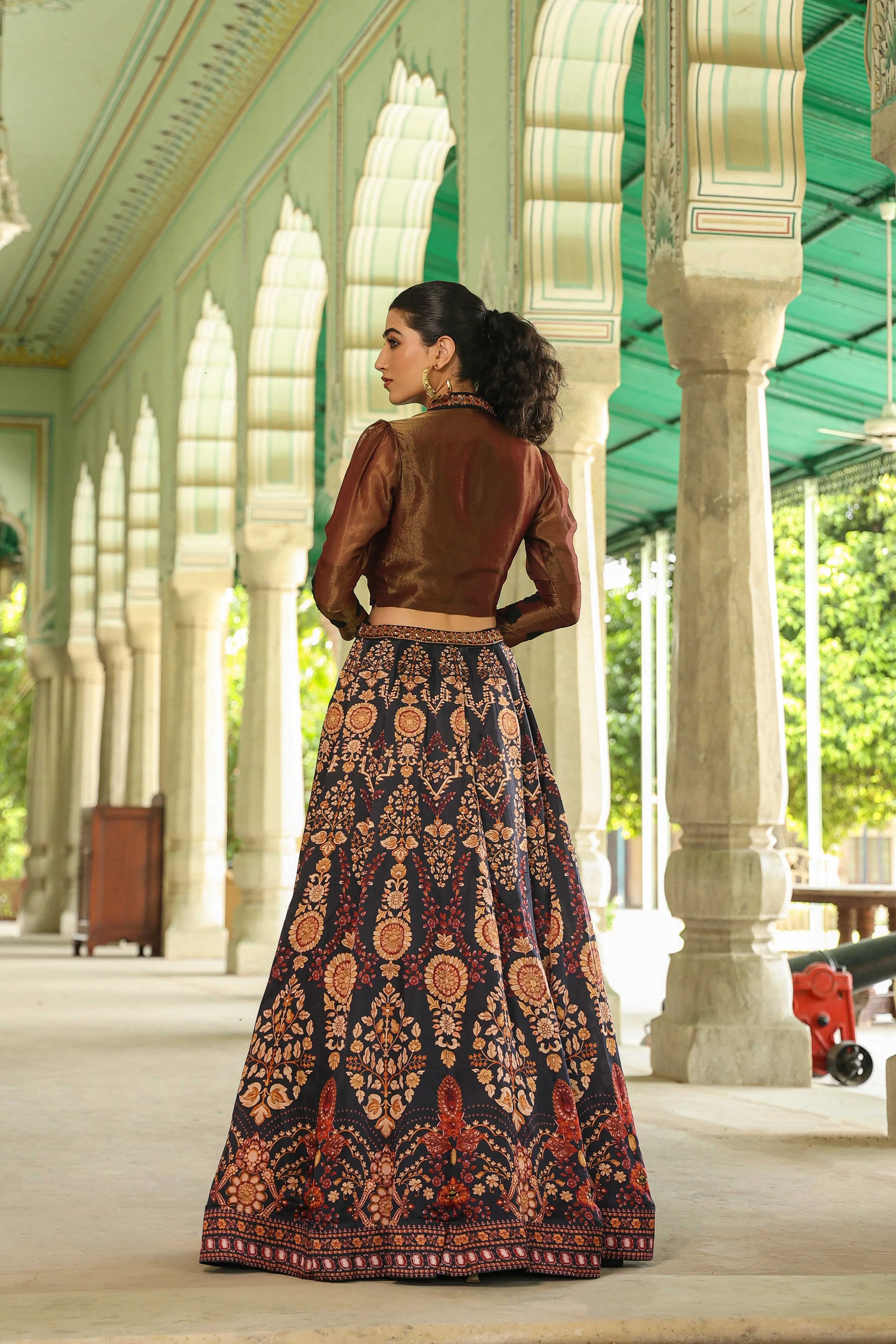 Black Ethnic Printed Satin Silk Lehenga Set