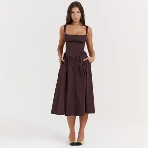 Brown Buttoned Stylish Strap Midi Dress