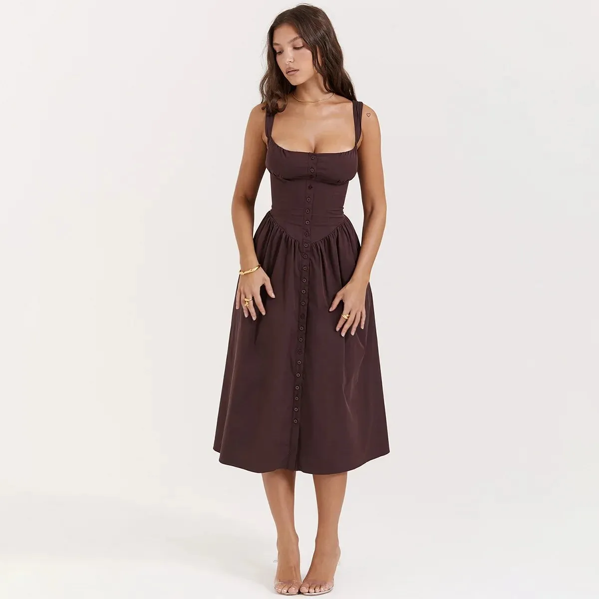 Brown Buttoned Stylish Strap Midi Dress