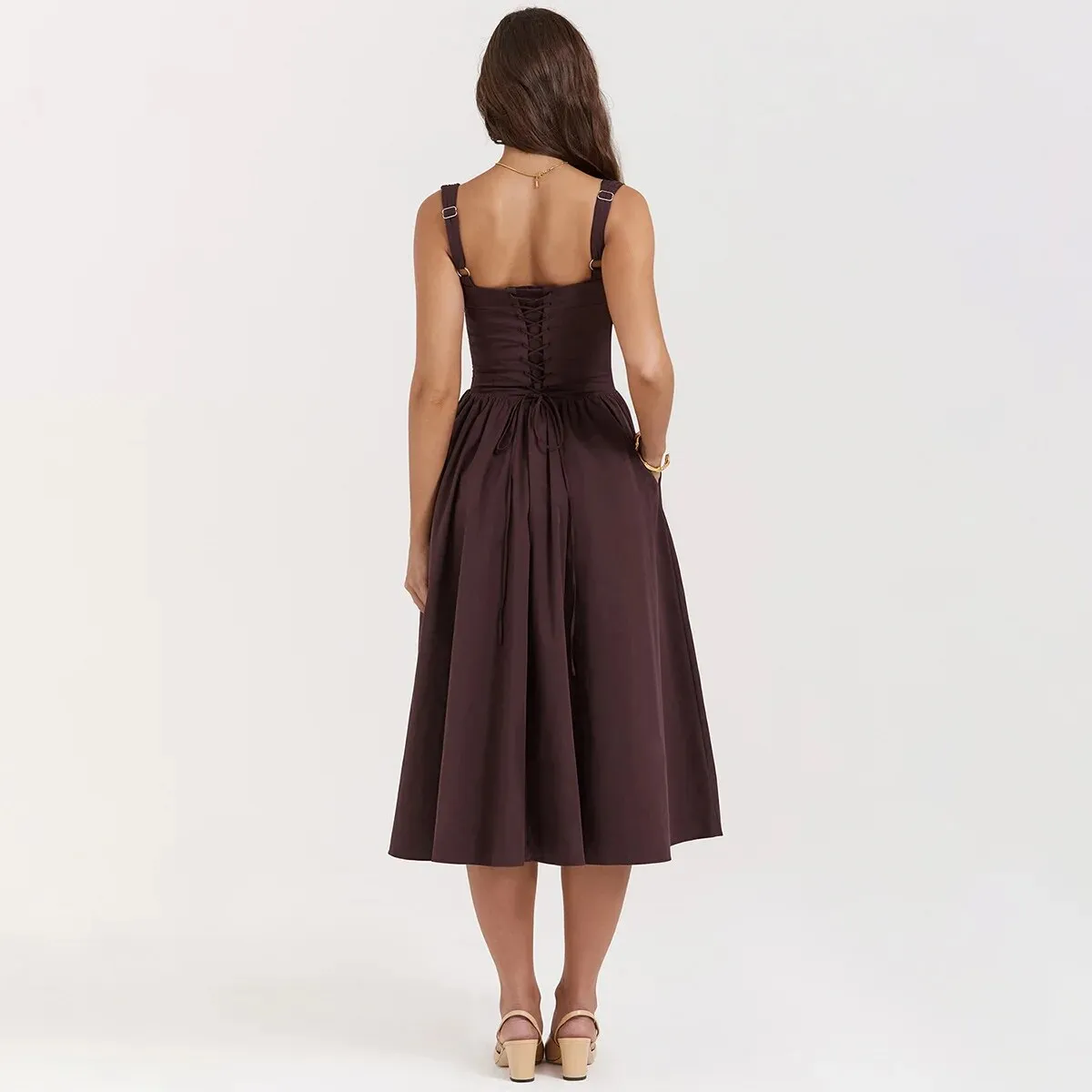 Brown Buttoned Stylish Strap Midi Dress