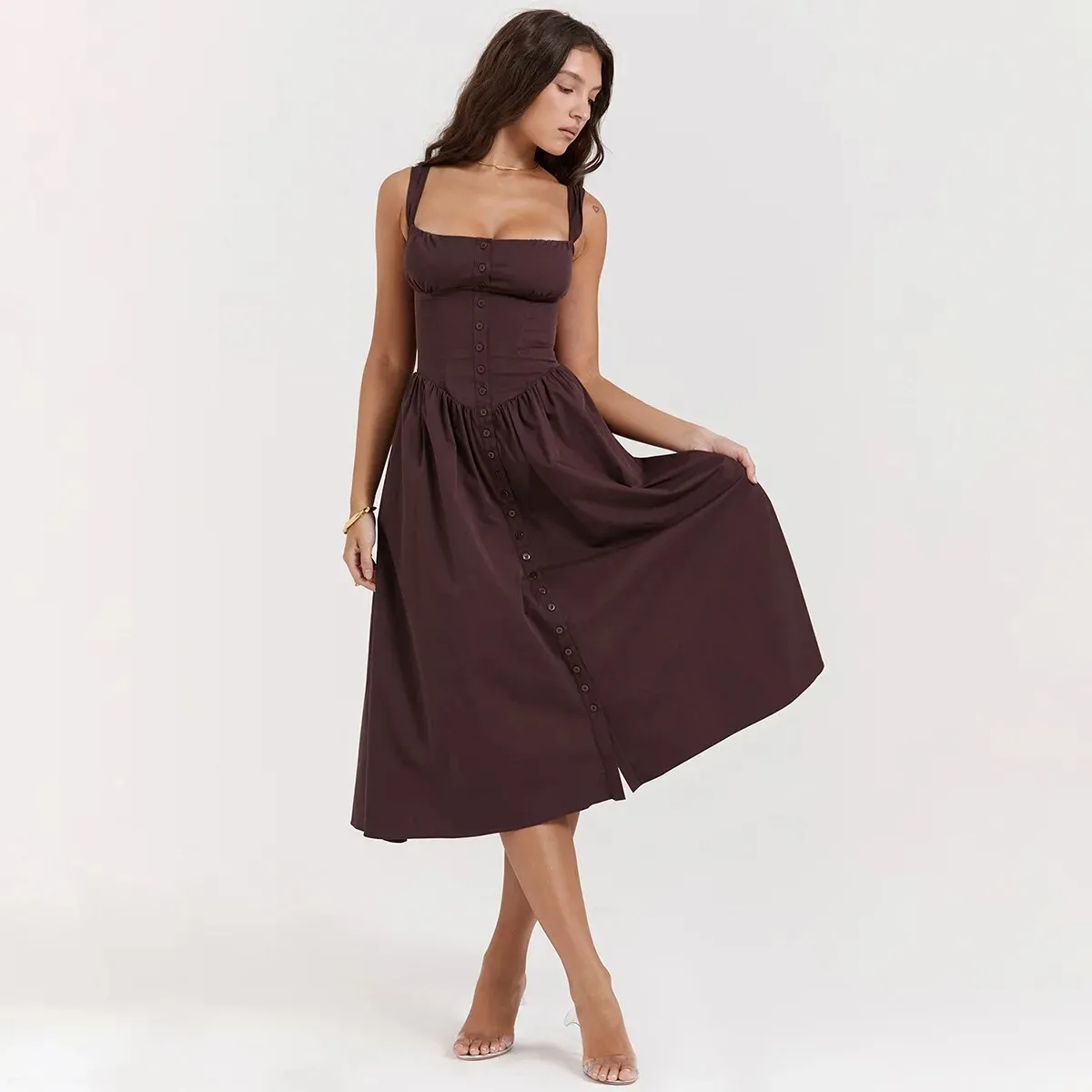 Brown Buttoned Stylish Strap Midi Dress