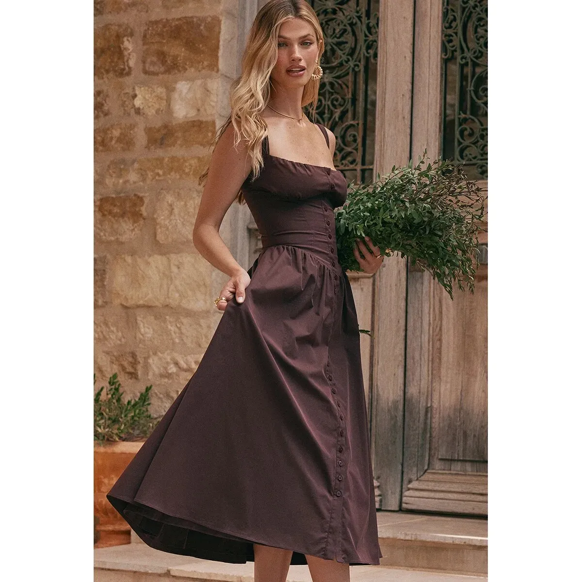 Brown Buttoned Stylish Strap Midi Dress