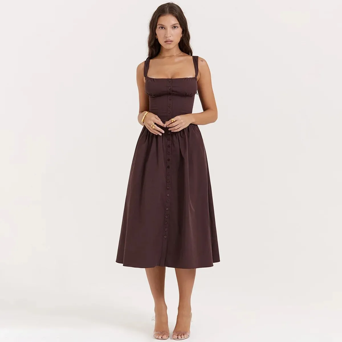Brown Buttoned Stylish Strap Midi Dress