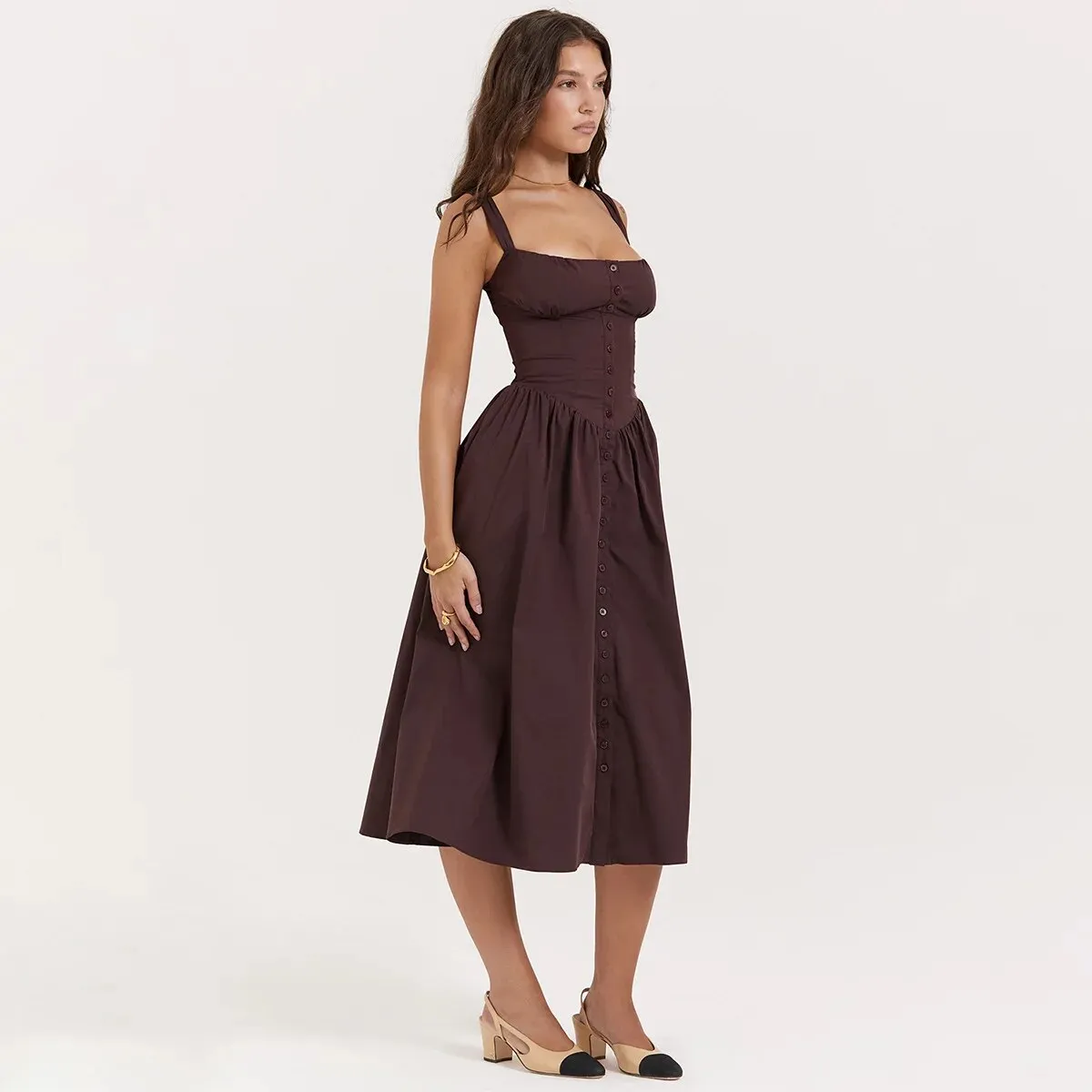 Brown Buttoned Stylish Strap Midi Dress