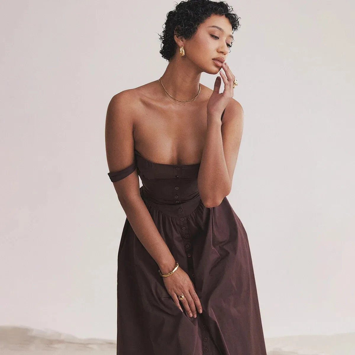 Brown Buttoned Stylish Strap Midi Dress