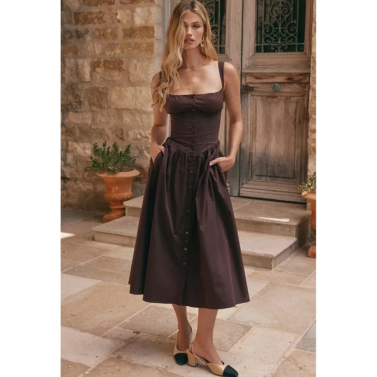 Brown Buttoned Stylish Strap Midi Dress