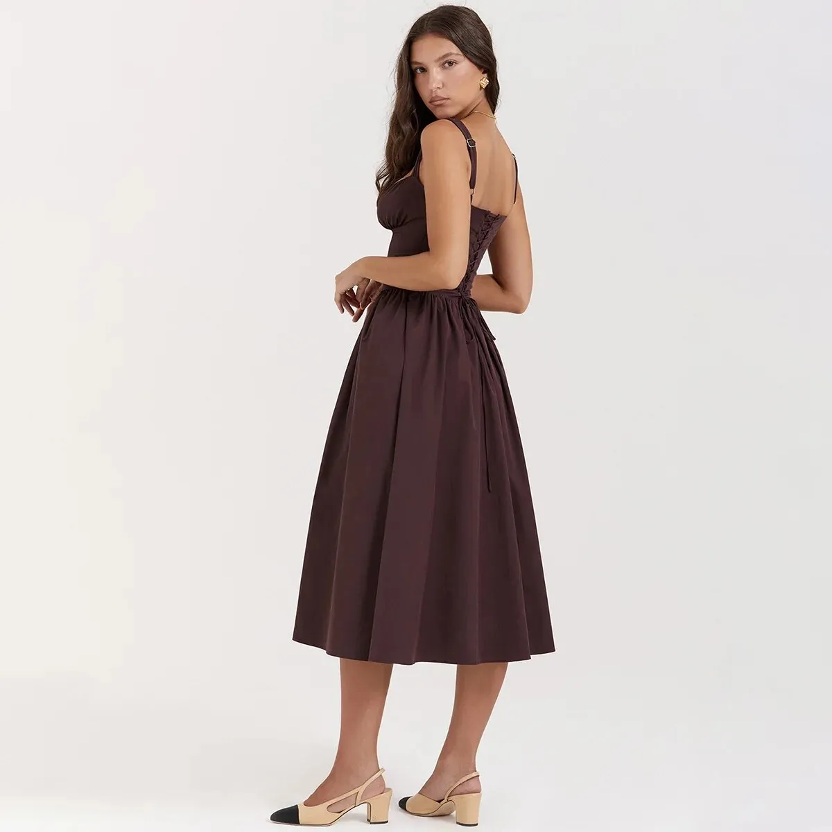 Brown Buttoned Stylish Strap Midi Dress