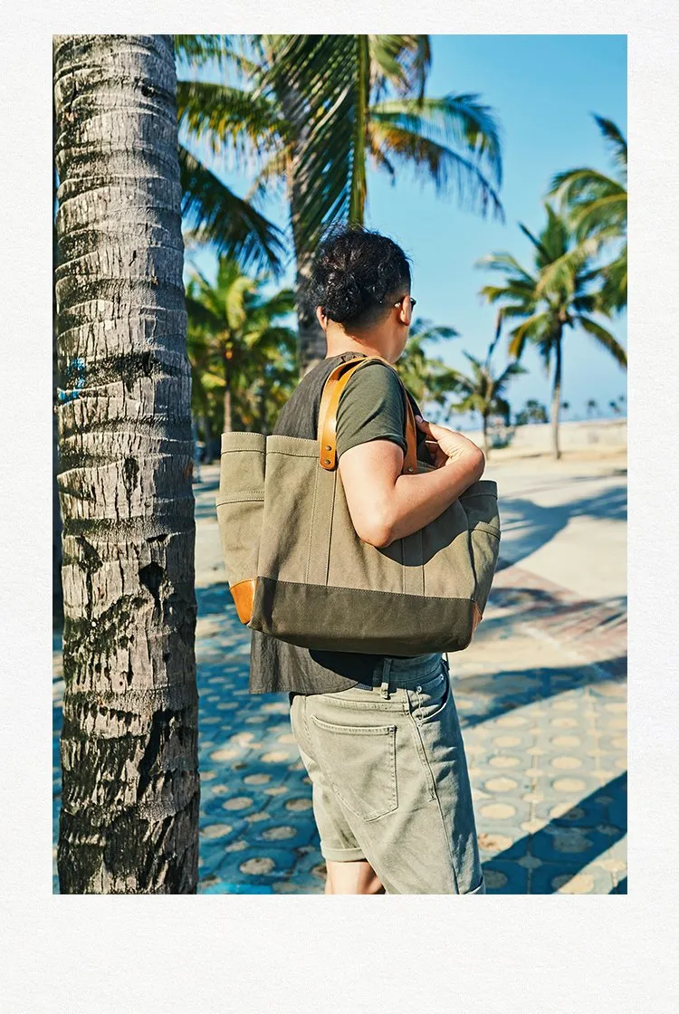 Canvas Leather Mens 14 inches Green Tote Messenger Bags Canvas Handbag Canvas Shoulder Tote for Men Women