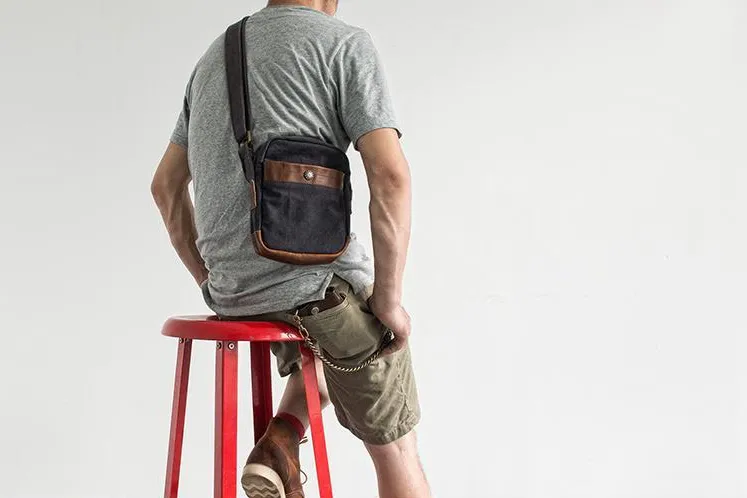 Canvas Leather Mens Cool Messenger Bag Sling Bag Chest Bag Bike Bag Cycling Bag for men