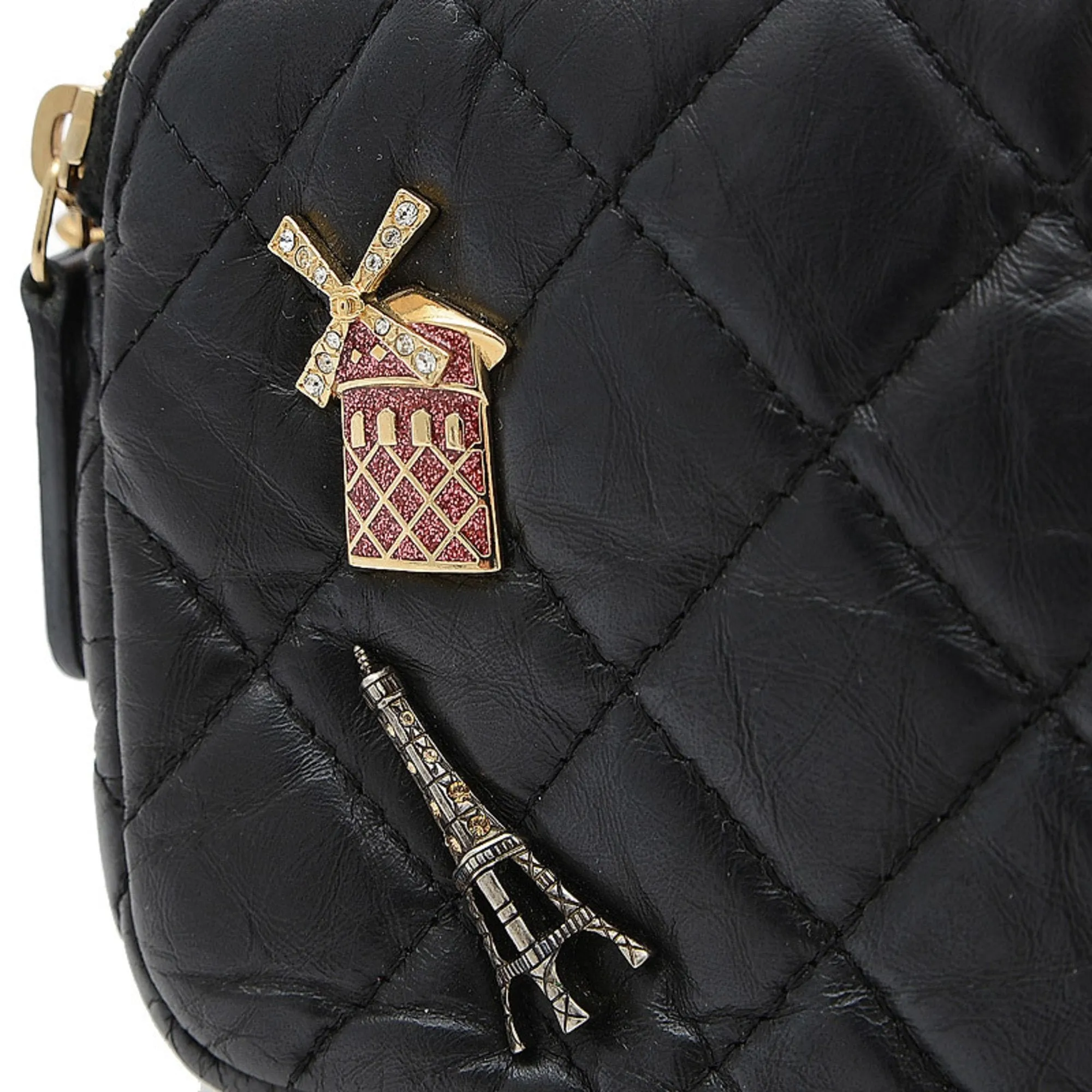 Chanel 2.55 Embroidered Chain Clutch Shoulder Bag Leather Black