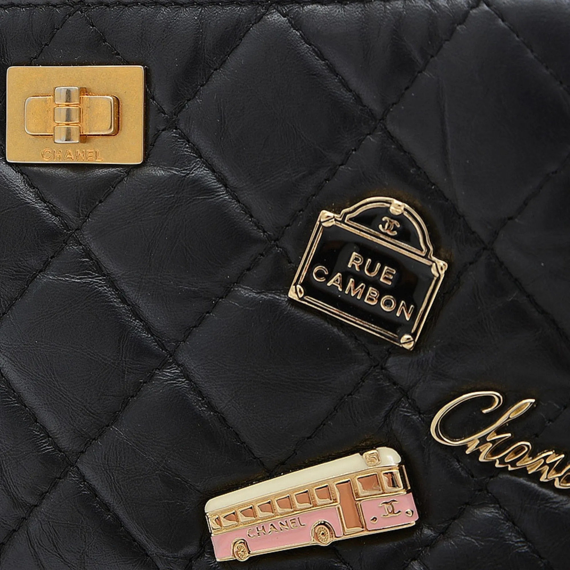Chanel 2.55 Embroidered Chain Clutch Shoulder Bag Leather Black