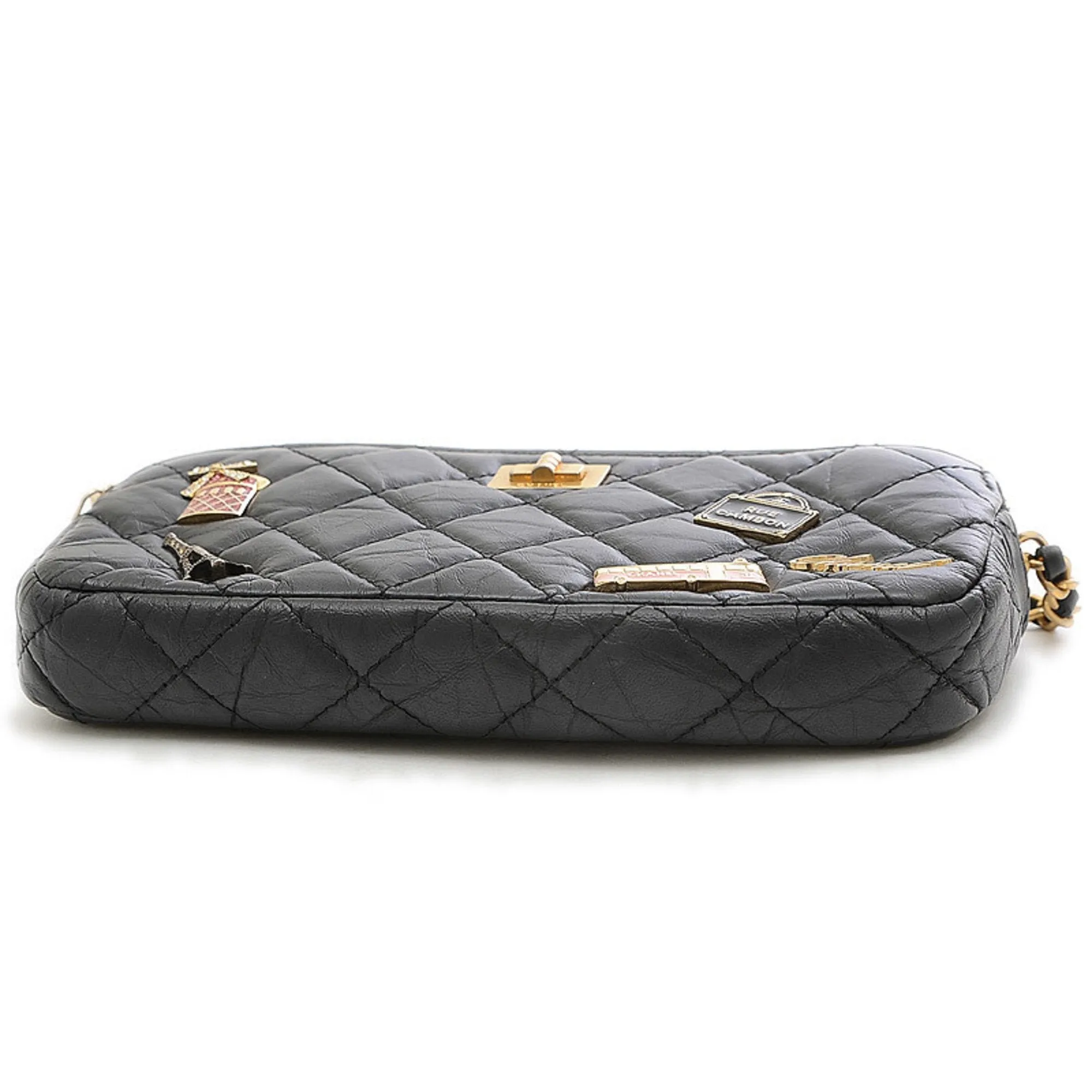 Chanel 2.55 Embroidered Chain Clutch Shoulder Bag Leather Black