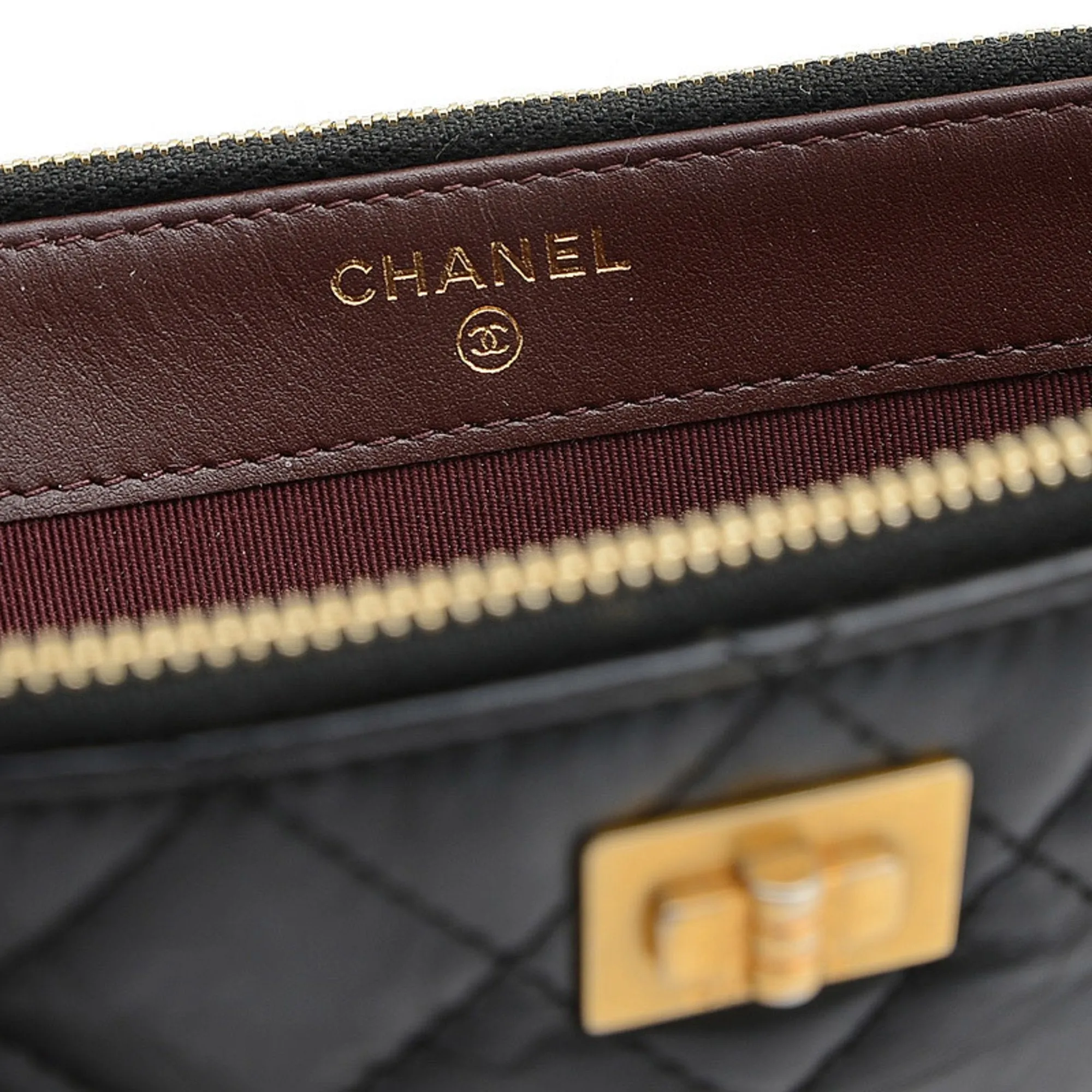 Chanel 2.55 Embroidered Chain Clutch Shoulder Bag Leather Black