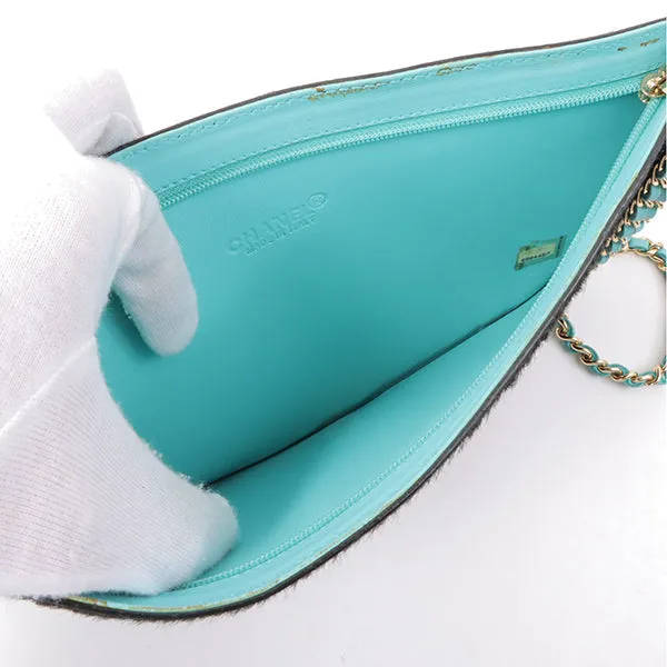 Chanel Around 2000 Made Unborn Calf Logo Embossed Chain Clutch Bag Black/Turquoise Blue