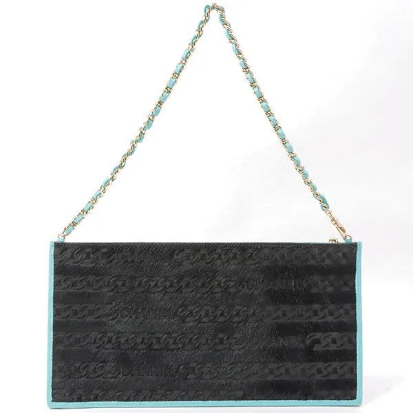 Chanel Around 2000 Made Unborn Calf Logo Embossed Chain Clutch Bag Black/Turquoise Blue