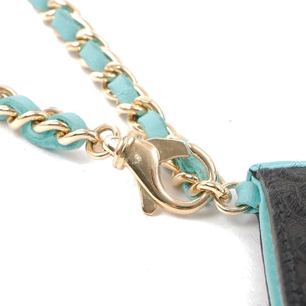 Chanel Around 2000 Made Unborn Calf Logo Embossed Chain Clutch Bag Black/Turquoise Blue