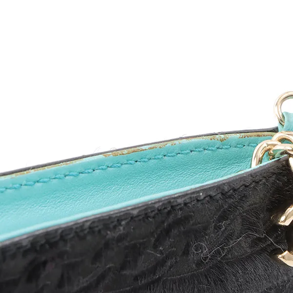 Chanel Around 2000 Made Unborn Calf Logo Embossed Chain Clutch Bag Black/Turquoise Blue