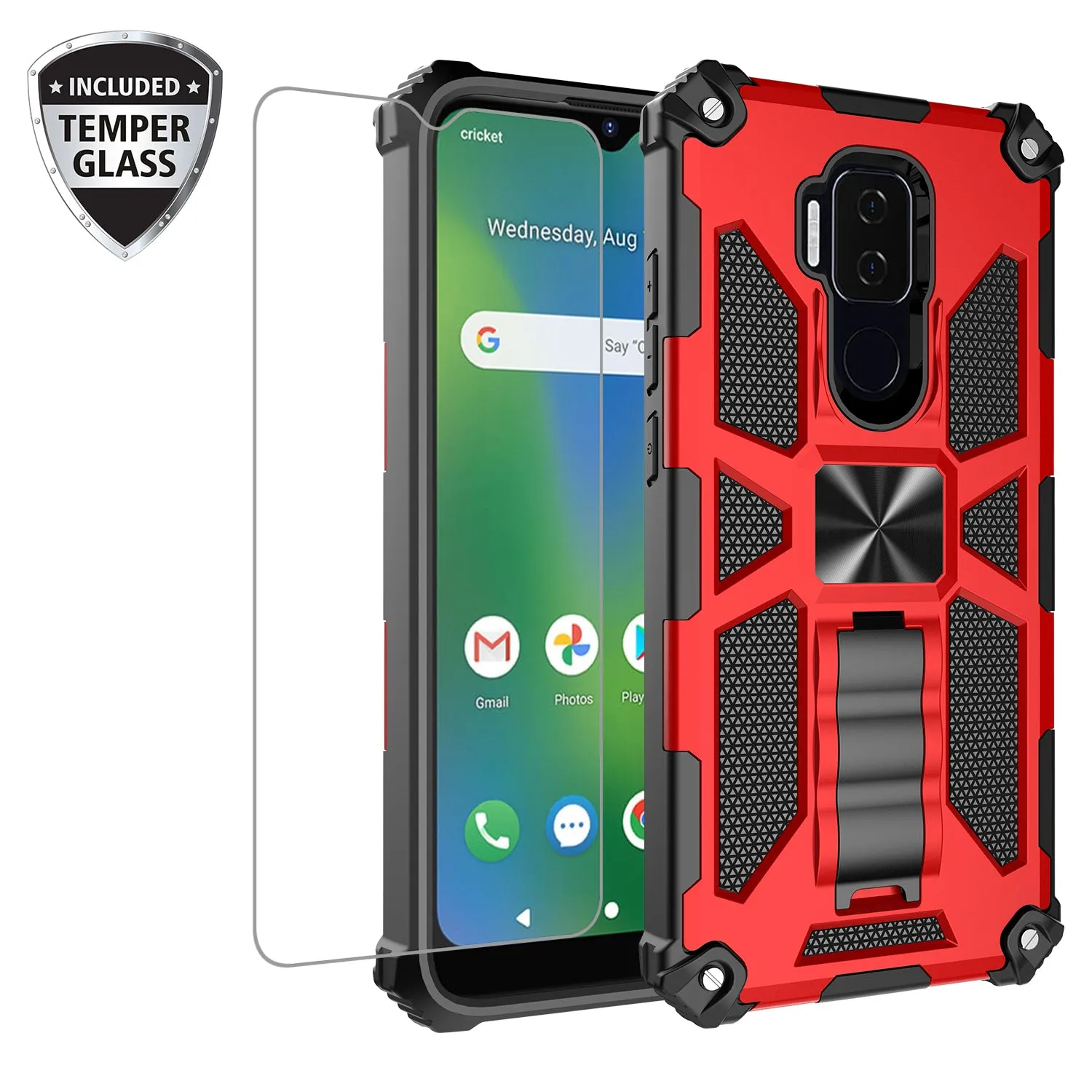 Cricket Influence Case/AT&T Maestro Plus Case [Military Grade] Ring Car Mount Kickstand Hybrid Hard PC Soft TPU Shockproof Protective Case - Red